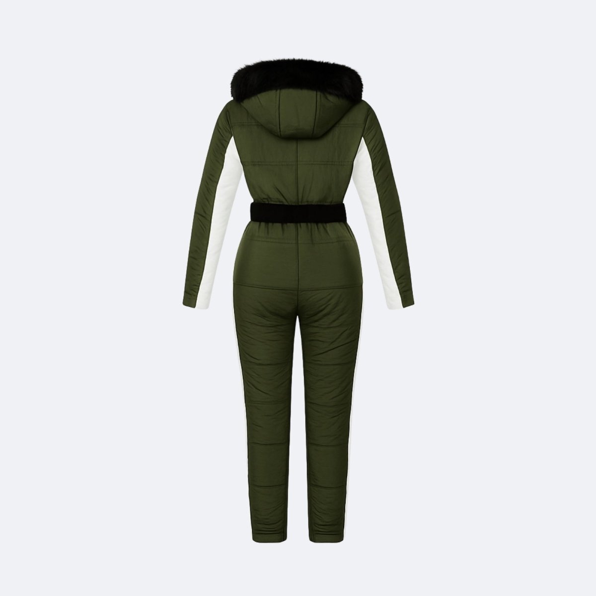 Les Odettes glamour ski suit monosuit in green and white, insulated snow jumpsuit with back view for winter outdoor wear.