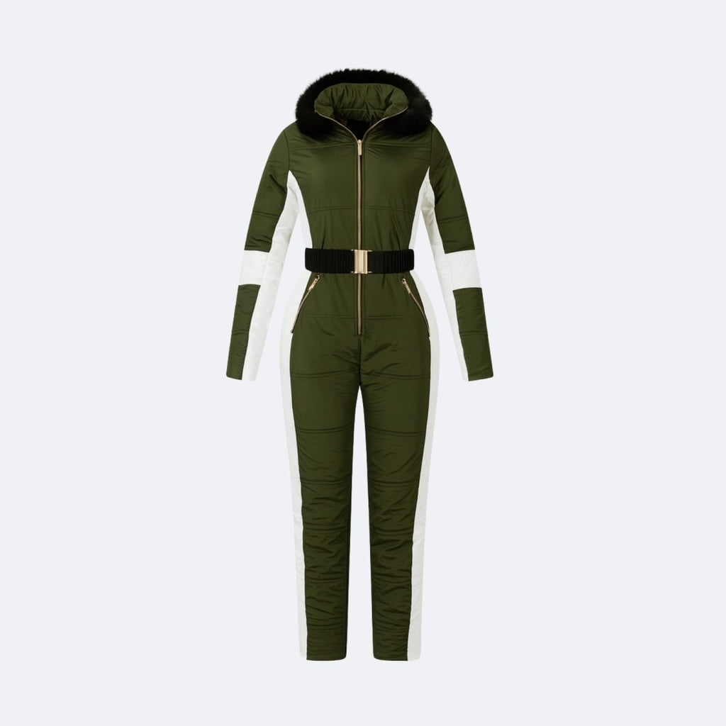 Les Odettes glamour ski suit Dolly in green and white, stylish one-piece snow suit for winter outdoor activities, flat-lay view.