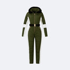 Les Odettes glamour ski suit Dolly in green and white, stylish one-piece snow suit for winter outdoor activities, flat-lay view.