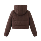 Les Odettes women's brown cropped puffer jacket with lightweight insulated nylon, shown from the back.