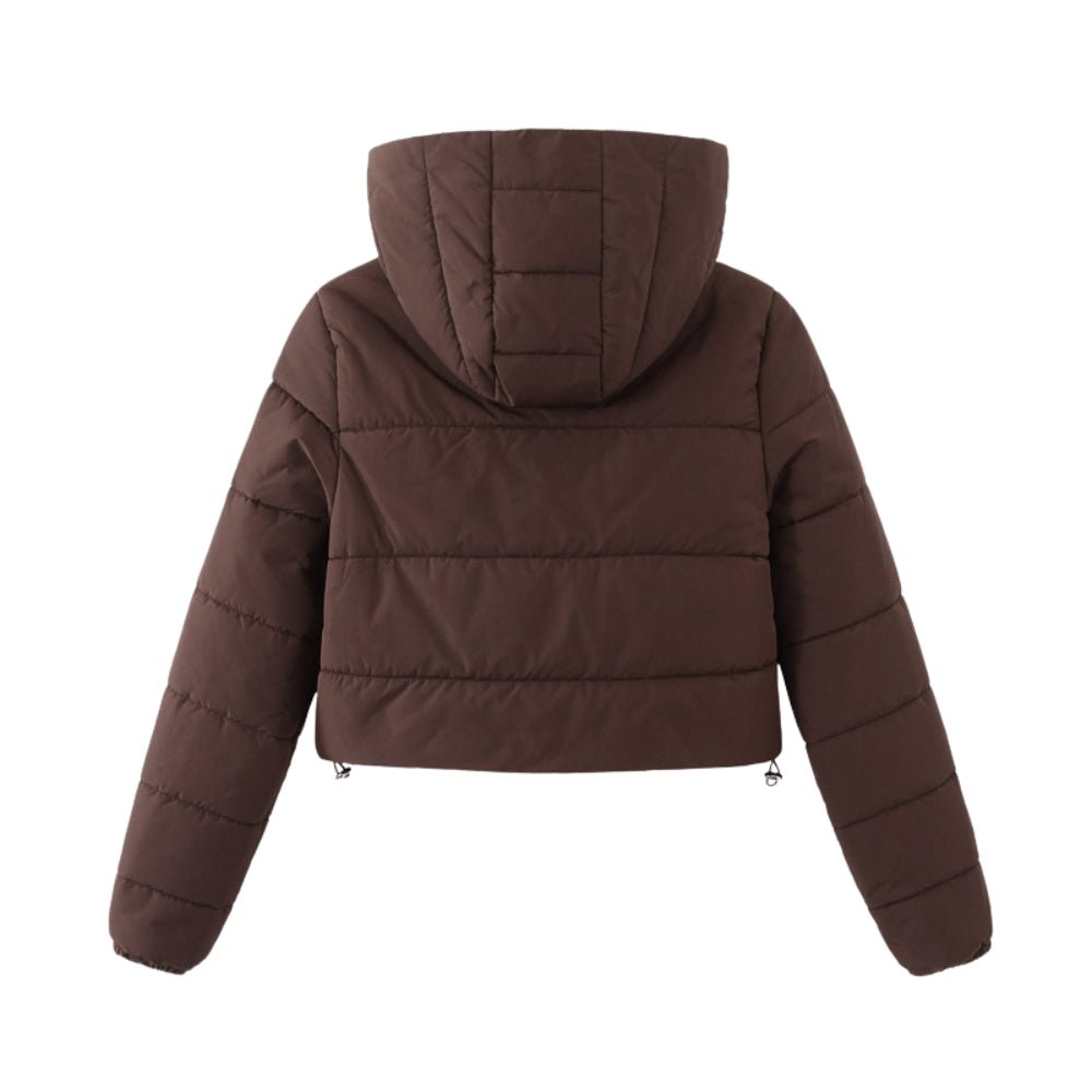 Les Odettes women's brown cropped puffer jacket with lightweight insulated nylon, shown from the back.