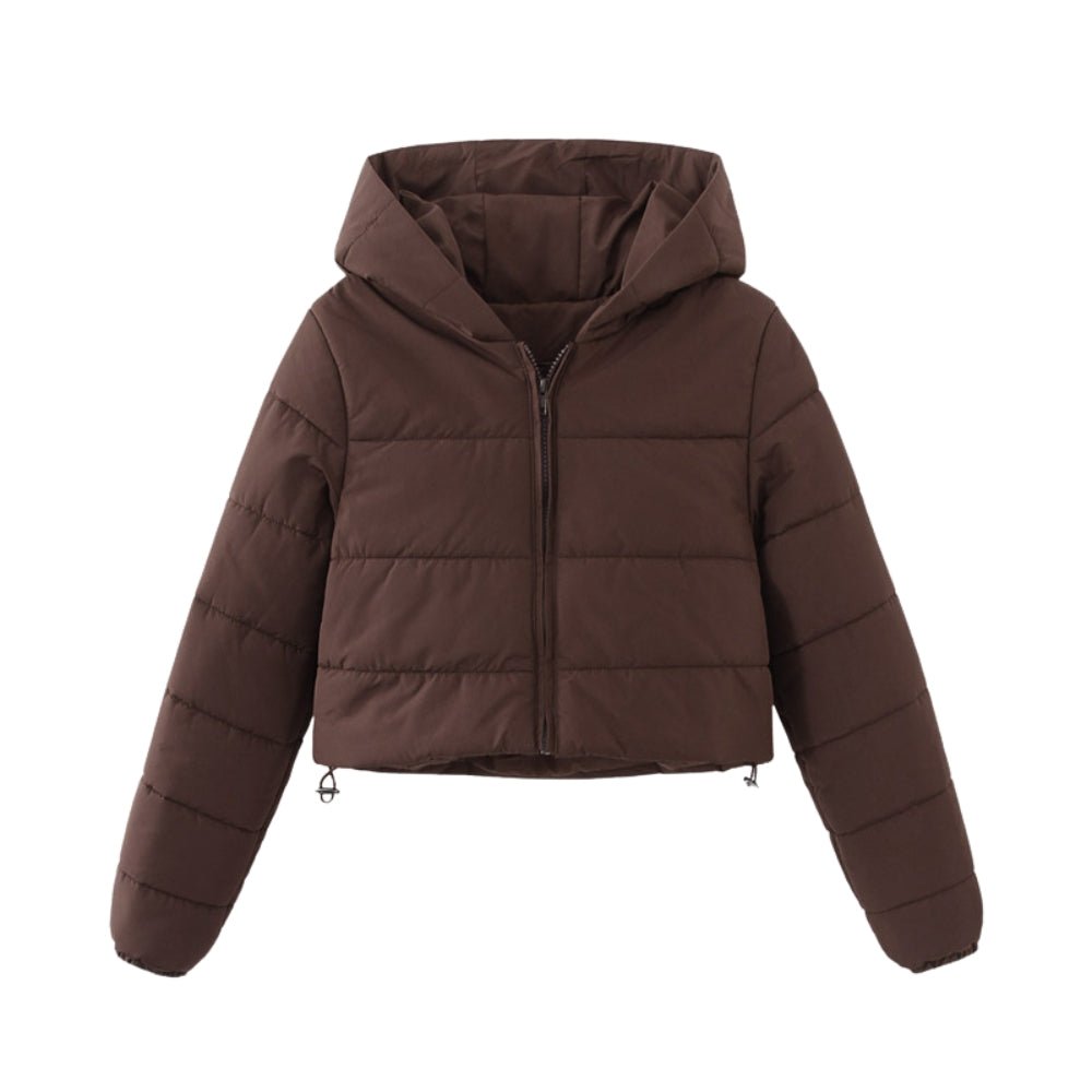 Women’s brown cropped puffer jacket by Les Odettes, lightweight nylon insulated jacket with front view and quilted design.
