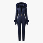 Navy women's quilted ski suit by Les Odettes, front view showing insulated, stylish winter ski jumpsuit with a fitted design.