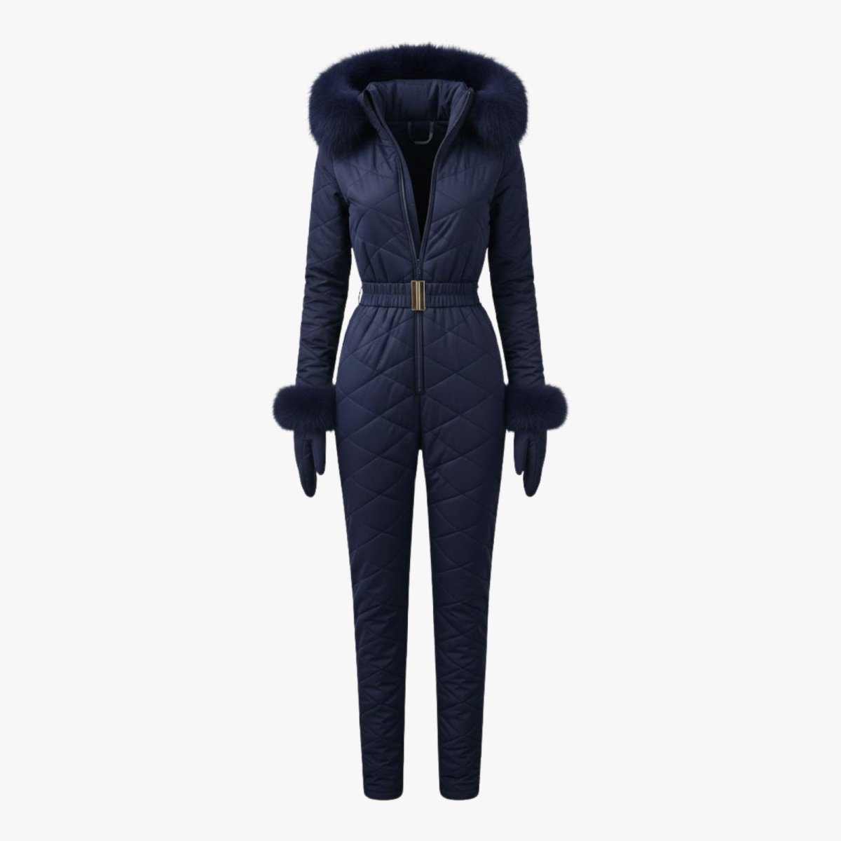 Navy women's quilted ski suit by Les Odettes, front view showing insulated, stylish winter ski jumpsuit with a fitted design.