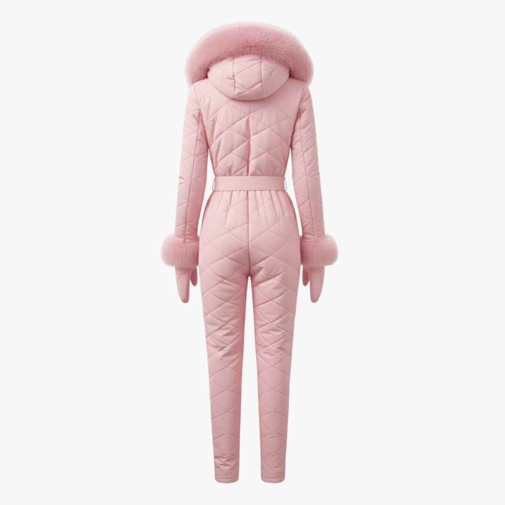 Les Odettes women's pink quilted ski suit displayed flat, showing the back view of the stylish winter ski apparel.