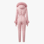 Les Odettes women's pink quilted ski suit displayed flat, showing the back view of the stylish winter ski apparel.