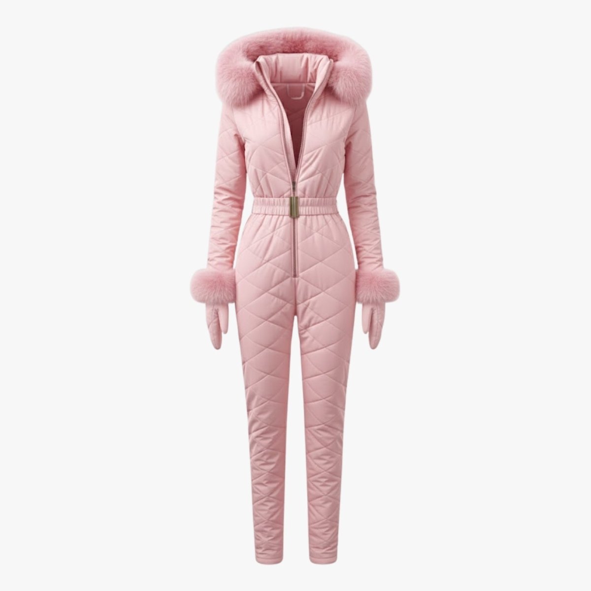 Pink women’s quilted ski suit by Les Odettes, featuring front view with a sleek, padded design perfect for winter sports.