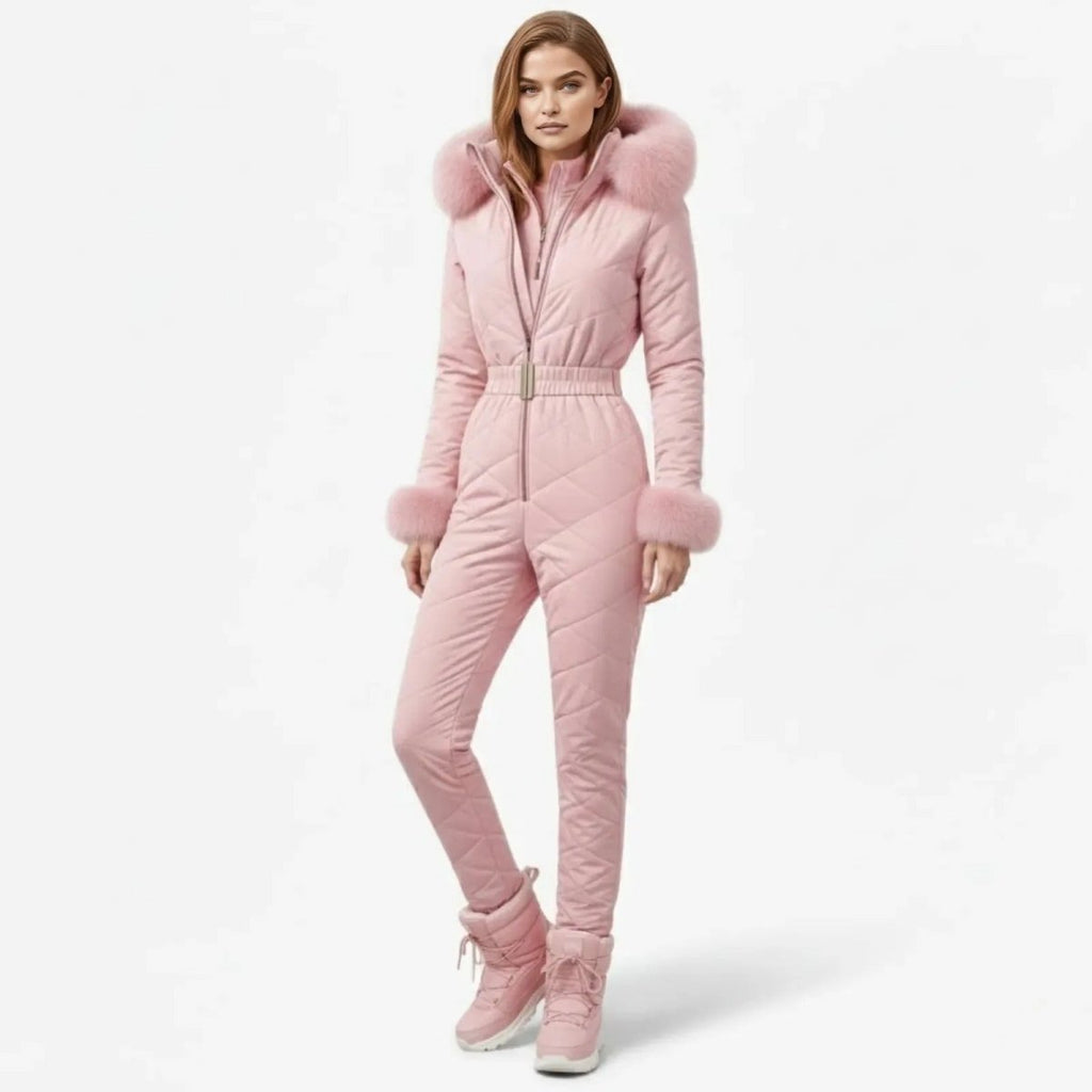 Pink women's ski suit by Les Odettes, front view showing insulated design and sleek fit for winter skiing.