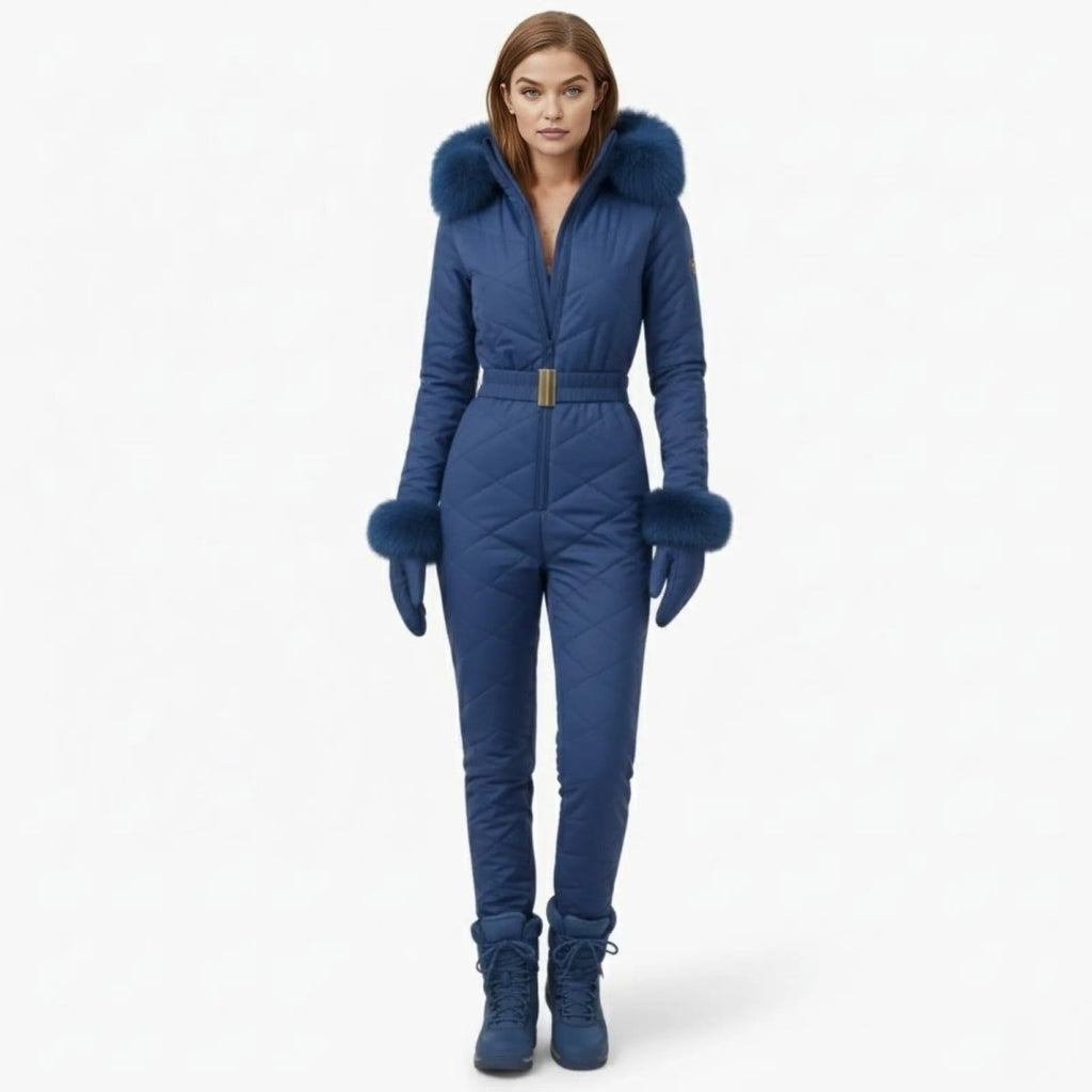 Blue women's ski suit by Les Odettes, front view on model, showcasing a fitted design for winter sports.