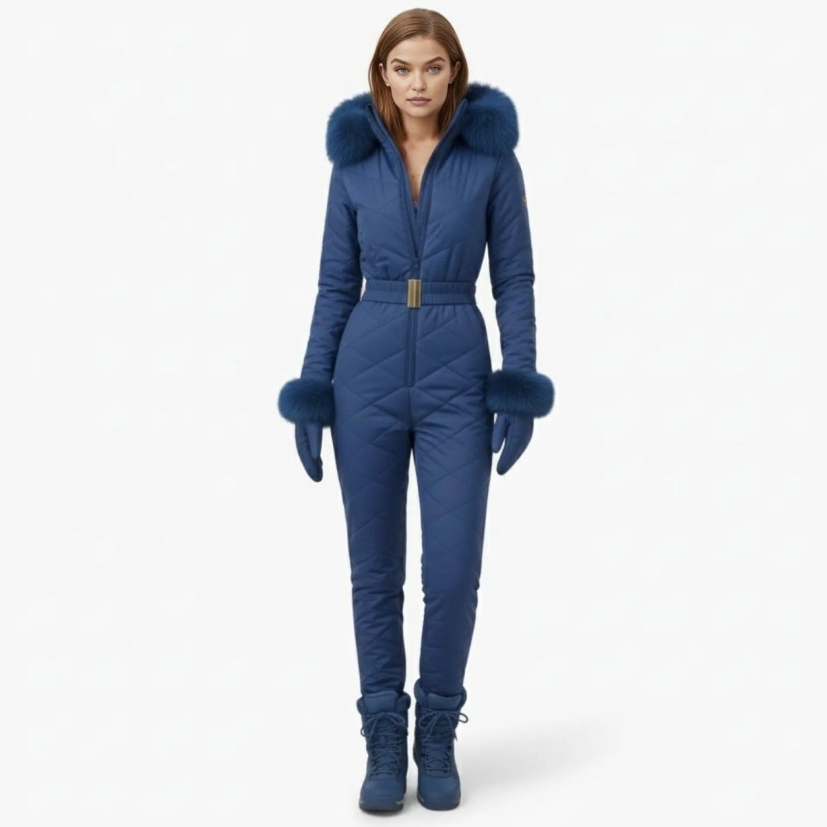 Blue women's ski suit by Les Odettes, front view on model, showcasing a fitted design for winter sports.