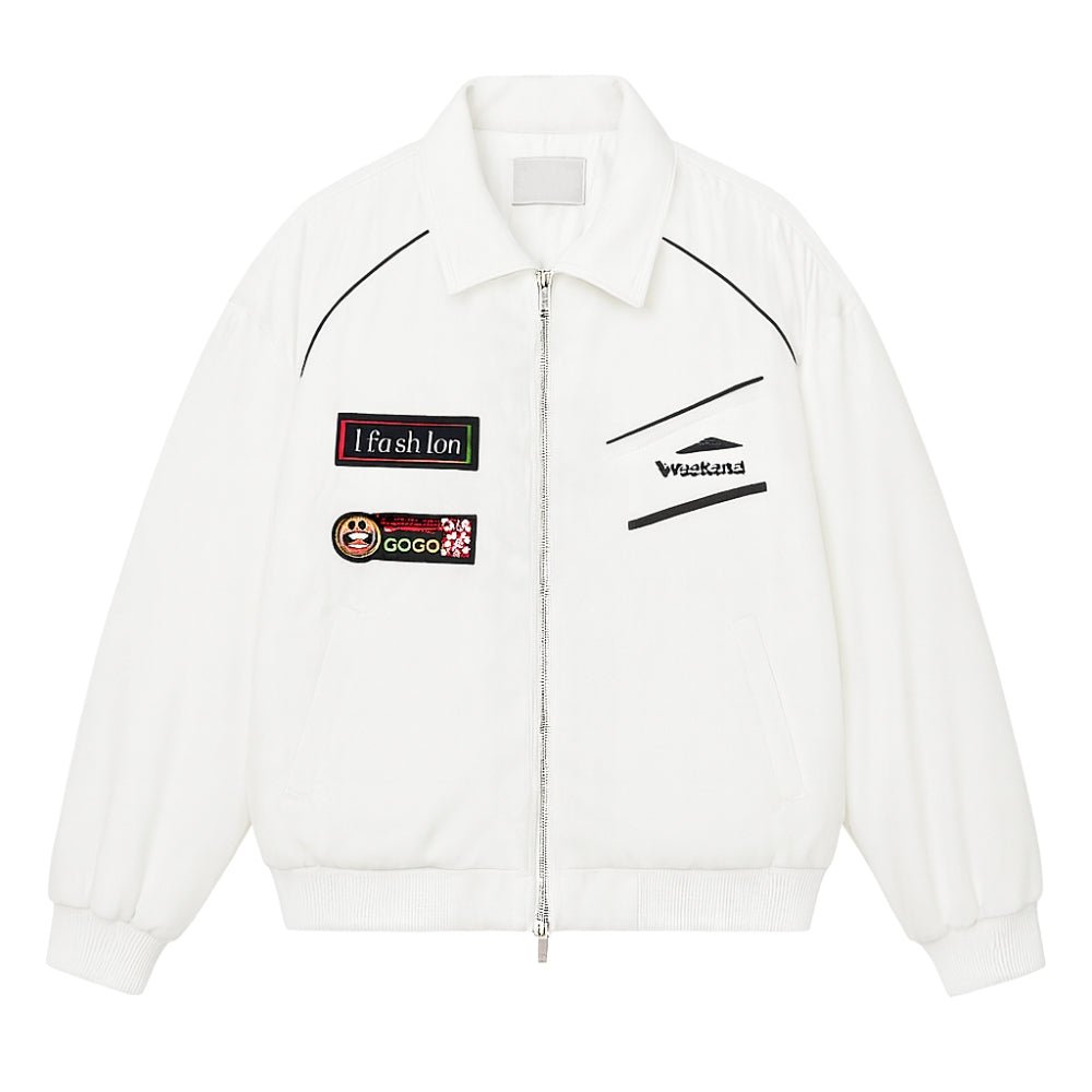 Racing Jacket Padded Nylon Embroidered Streetwear -White