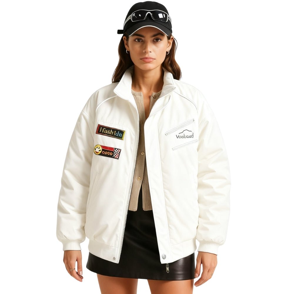 Racing Jacket Padded Nylon Embroidered Streetwear -White