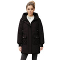 Black women’s hooded puffer jacket by Les Odettes, front view showing quilted insulation and cozy hood.