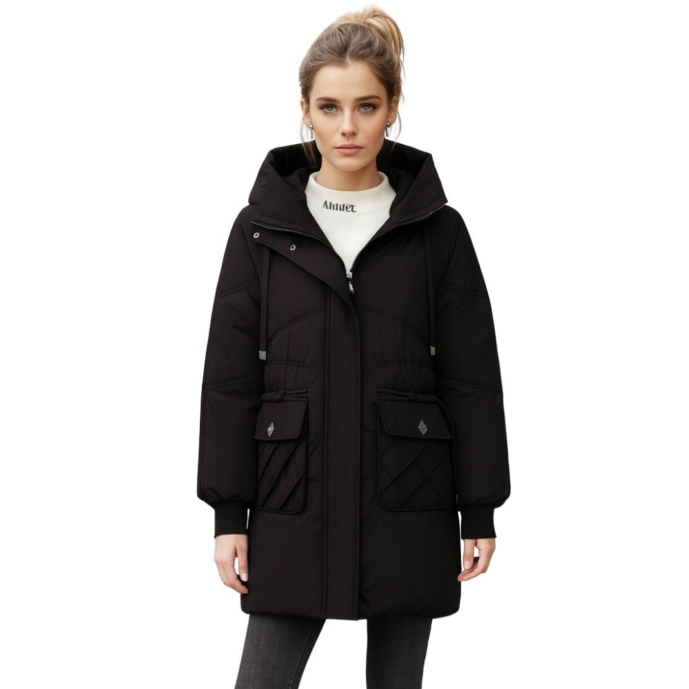 Black women’s hooded puffer jacket by Les Odettes, front view showing quilted insulation and cozy hood.