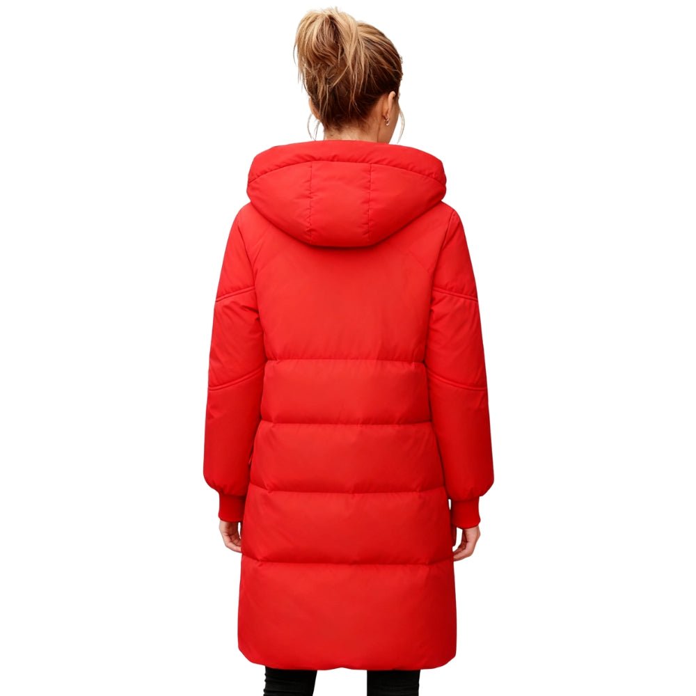 Back view of Les Odettes women's red puffer jacket, showcasing its long, insulated design and stylish quilted exterior.
