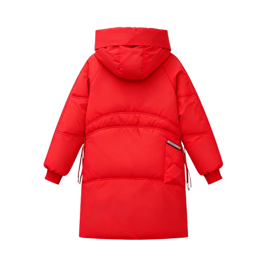 Red women’s puffer jacket by Les Odettes, featuring a long, quilted design with a high collar and cozy winter style.