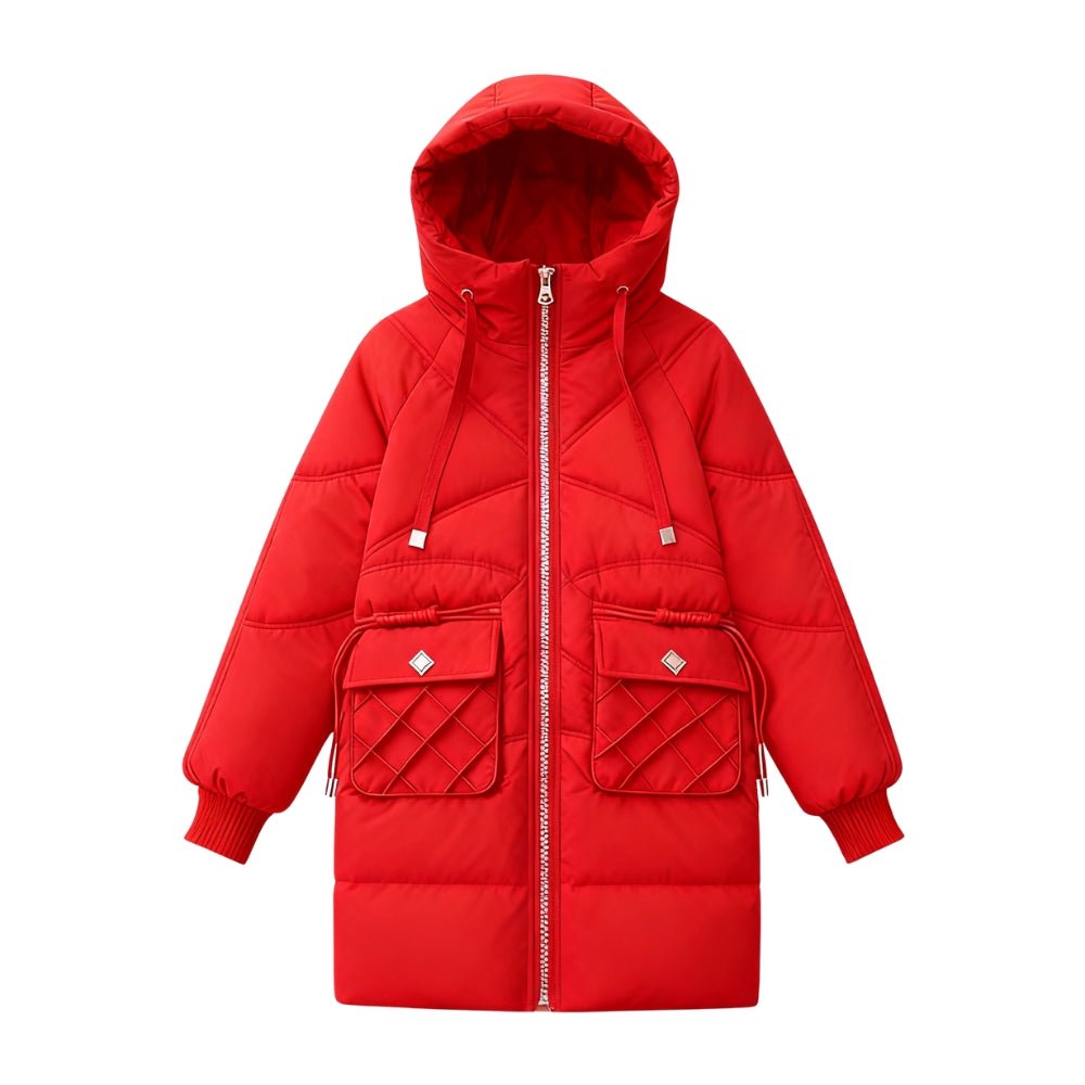 Women’s red puffer jacket by Les Odettes, featuring a long, insulated design with a front view, perfect for cold weather.