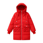 Women’s red puffer jacket by Les Odettes, featuring a long, insulated design with a front view, perfect for cold weather.
