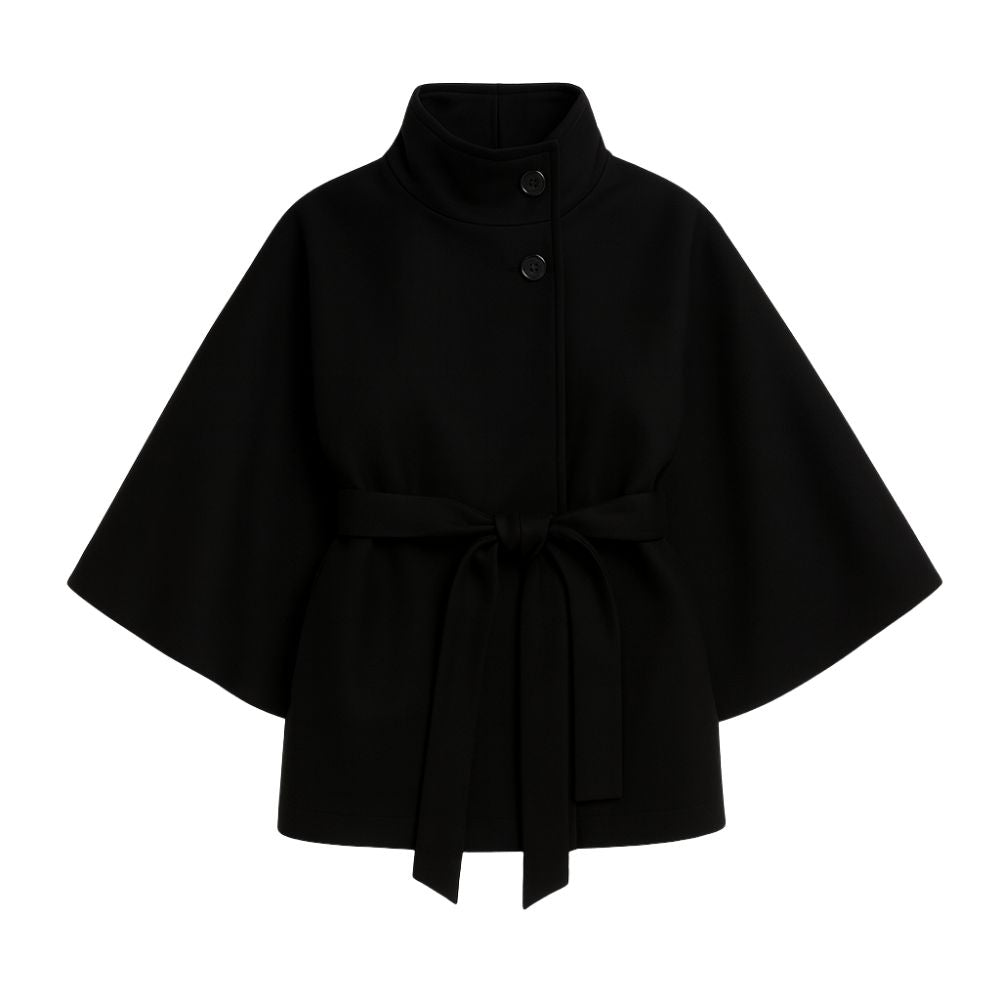 Black women's sculptural wool blend cape jacket with belt, styled as outerwear, front and back views.