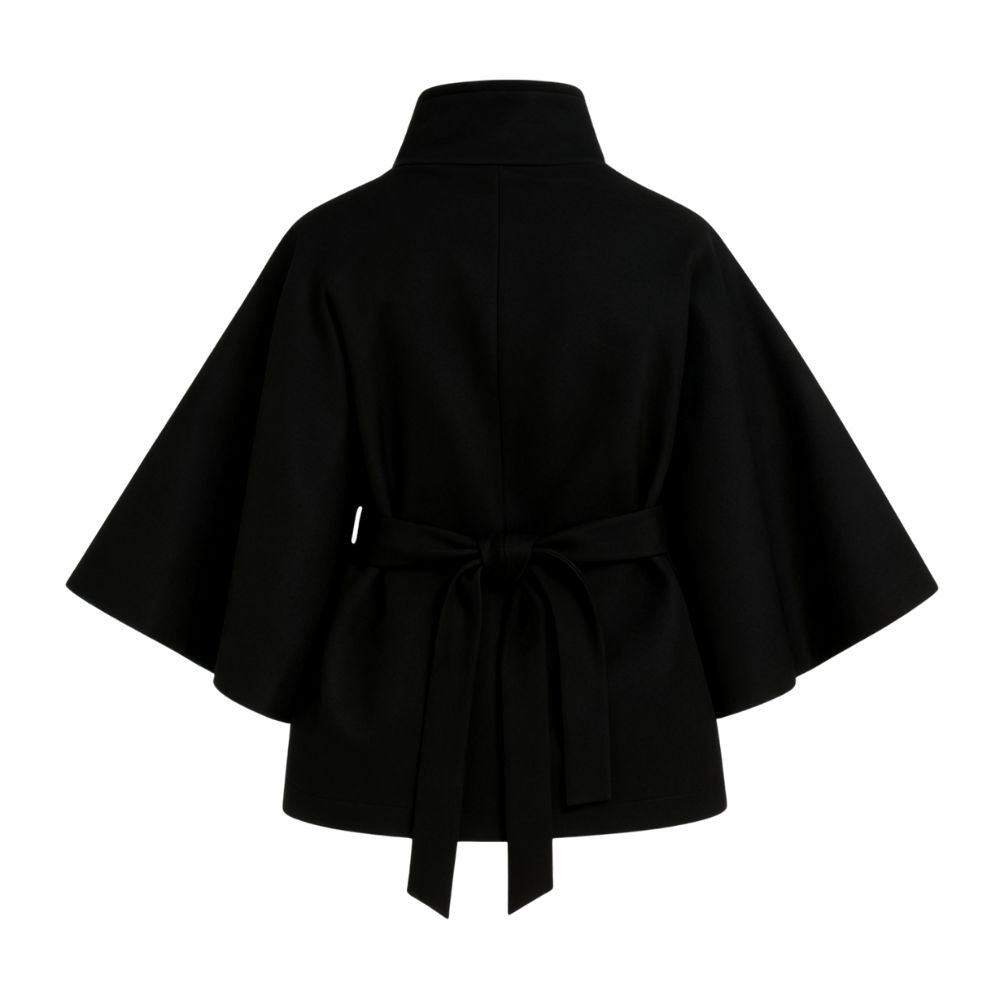 Black women's sculptural wool-blend cape jacket with belt from Les Odettes, shown from the front view.