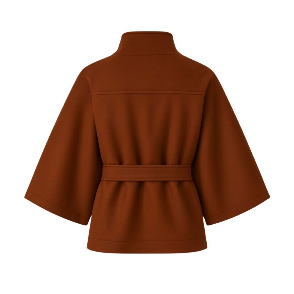 Brown women's sculptural wool-blend cape jacket with belt, showing front and back views, by Les Odettes.