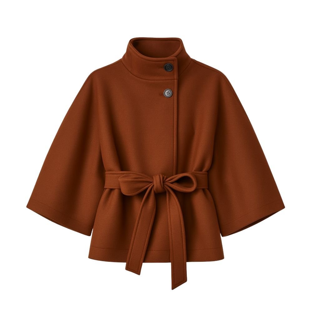 Brown women's sculptural cape jacket by Les Odettes, featuring a belt and wool blend outerwear design, front view.