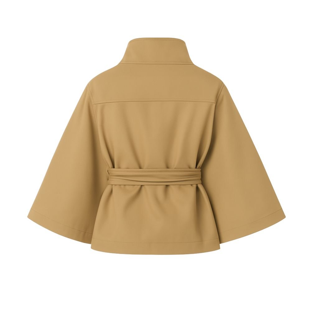 Women’s Khaki sculptural cape jacket by Les Odettes in cotton twill with belt, shown from front and back views.