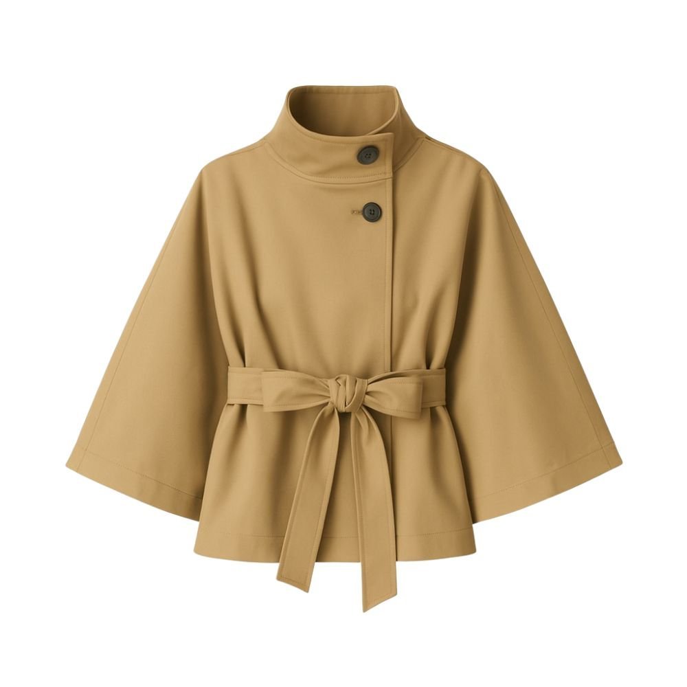 Khaki women's sculptural wool blend cape jacket with belt, front view showcasing stylish outerwear by Les Odettes