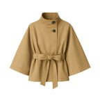 Khaki women's sculptural wool blend cape jacket with belt, front view showcasing stylish outerwear by Les Odettes