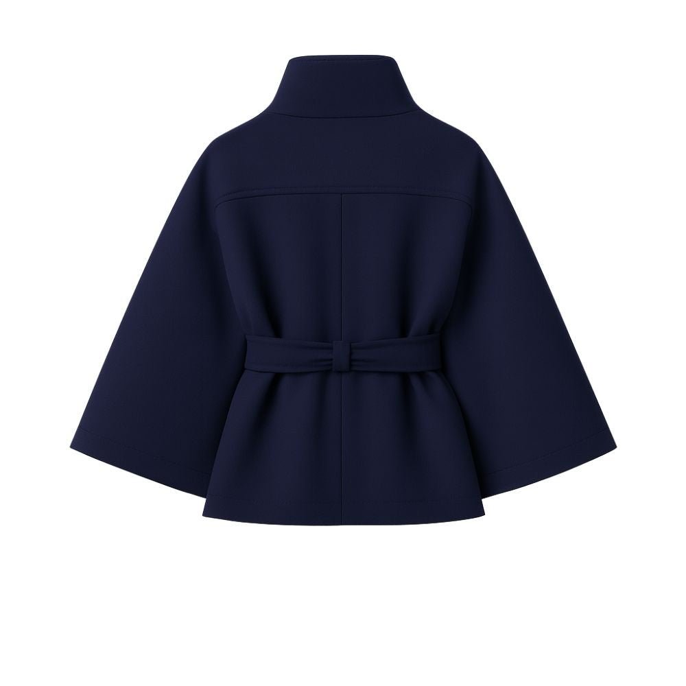 Navy blue women's wool blend belted sculptural cape jacket by Les Odettes, front and back views showing elegant outerwear design