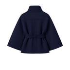 Navy blue women's wool blend belted sculptural cape jacket by Les Odettes, front and back views showing elegant outerwear design