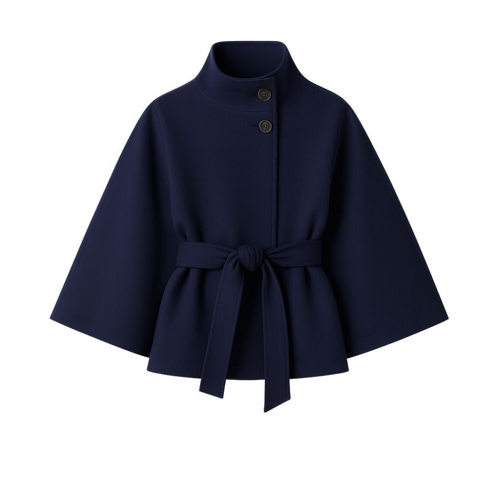Navy women’s sculptural wool blend cape jacket with belt, front view, stylish outerwear by Les Odettes.