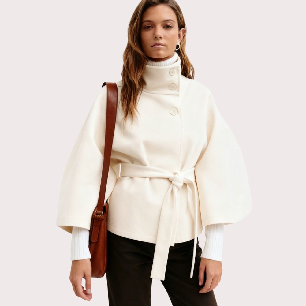 Women's white wool blend sculptural cape jacket with belt, front view, stylish outerwear by Les Odettes.