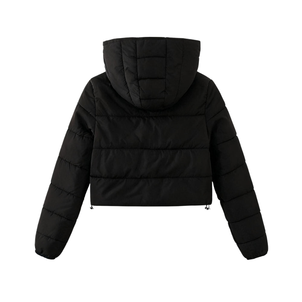 Back view of Les Odettes women's black cropped puffer jacket with lightweight insulation and nylon fabric.