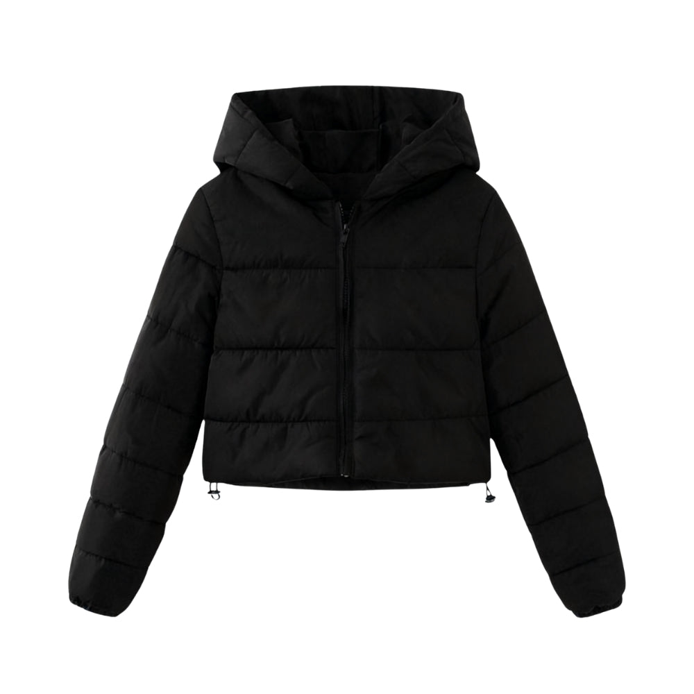 Les Odettes women's black cropped puffer jacket with lightweight insulation and nylon fabric, front view.