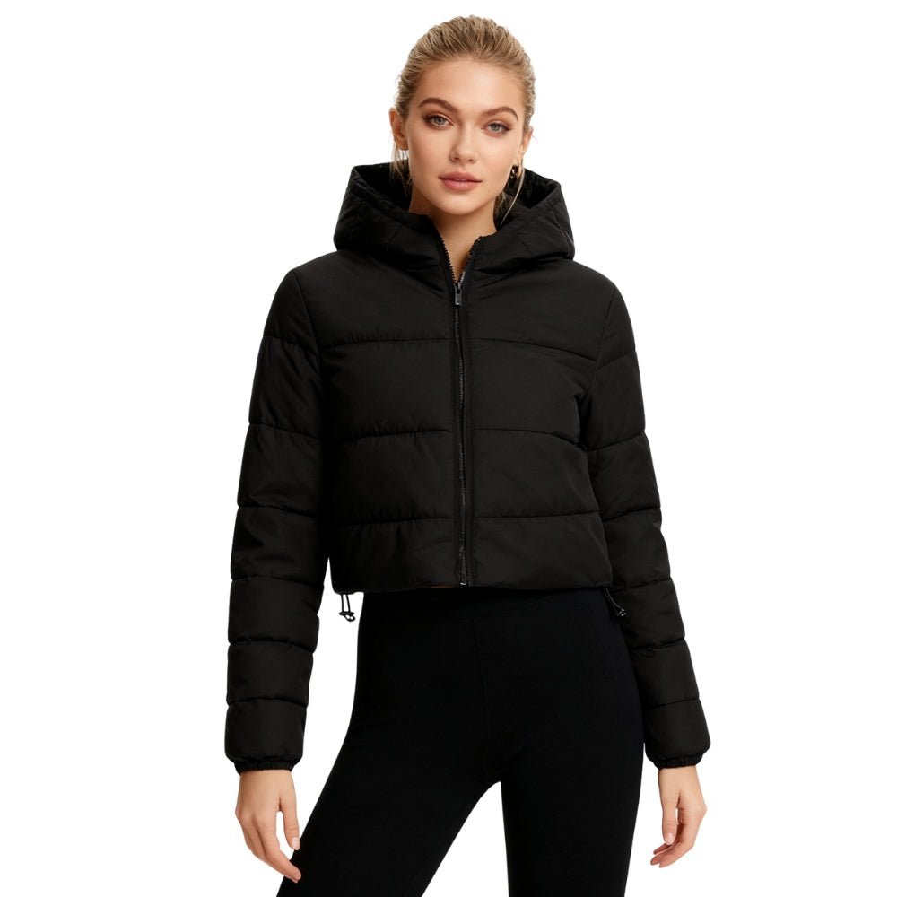 Women’s black lightweight cropped puffer jacket by Les Odettes, showcasing its insulated nylon material and fitted design.