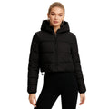 Women’s black lightweight cropped puffer jacket by Les Odettes, showcasing its insulated nylon material and fitted design.