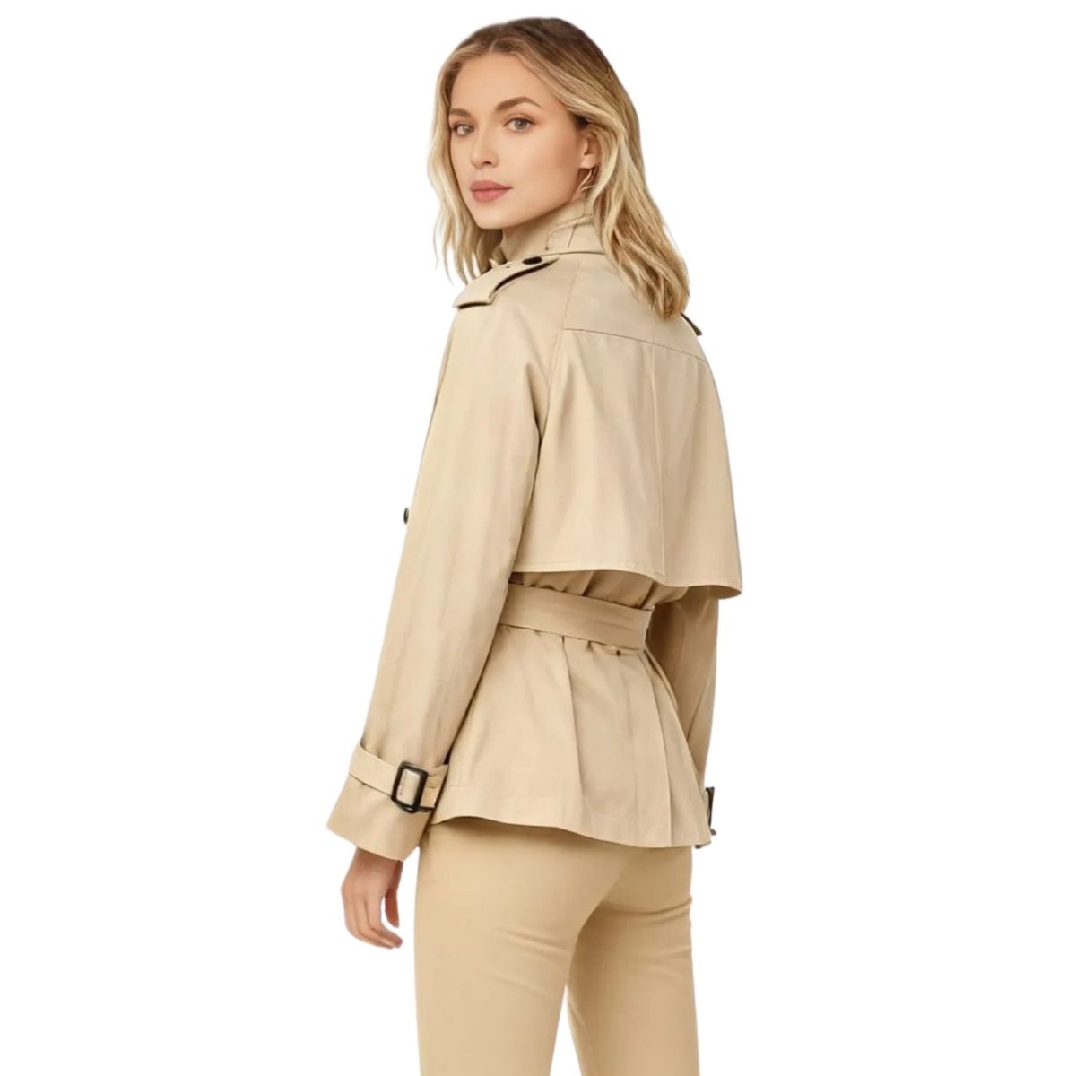 Beige cropped cotton gabardine jacket with belted waist, lightweight outerwear by Les Odettes, shown from the back.