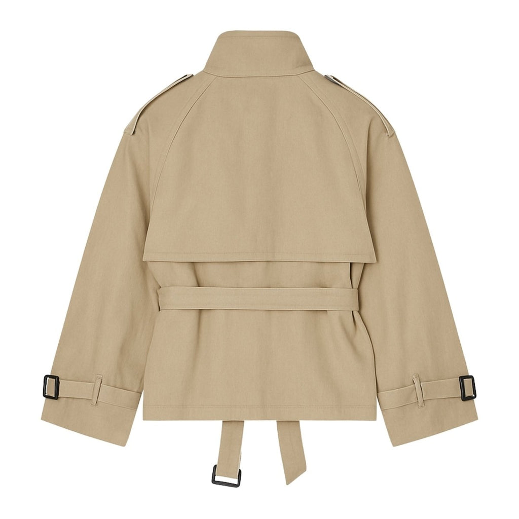 Beige cropped cotton gabardine jacket with belted waist, lightweight outerwear from Les Odettes, shown from the back.