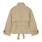 Beige cropped cotton gabardine jacket with belted waist, lightweight outerwear from Les Odettes, shown from the back.