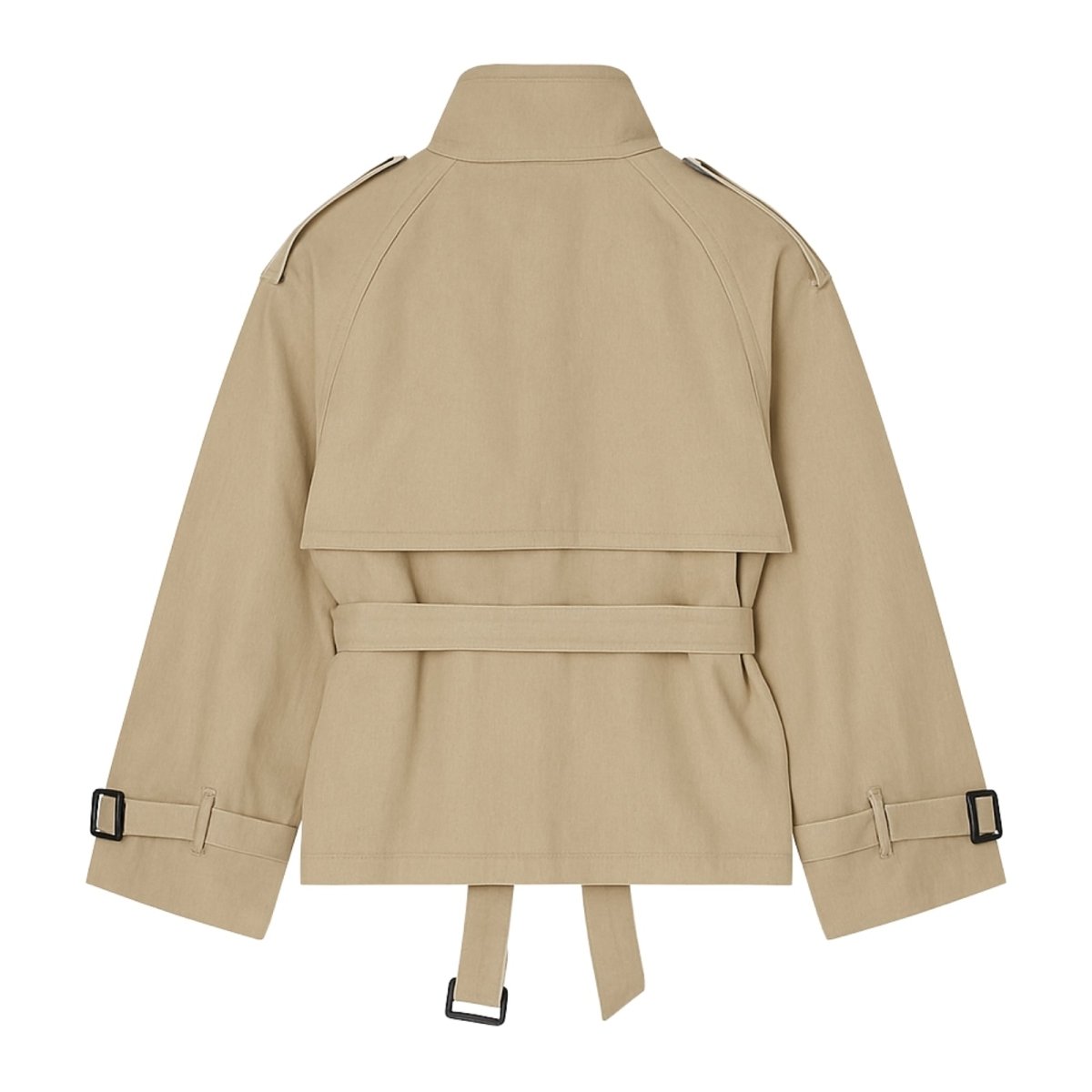 Beige cropped cotton gabardine jacket with belted waist, lightweight outerwear from Les Odettes, shown from the back.