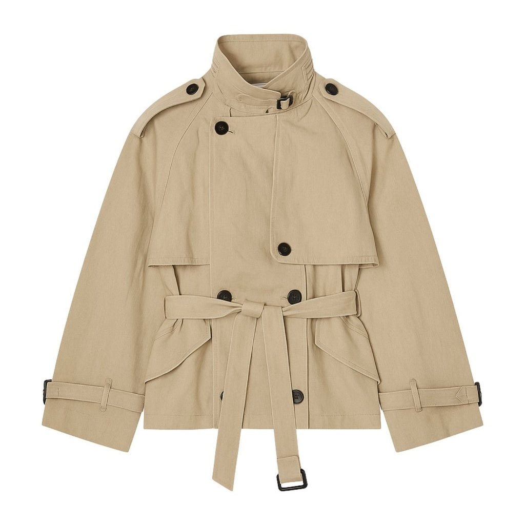 Beige cropped cotton gabardine jacket with belt from Les Odettes, lightweight outerwear styled with front view.