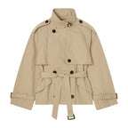 Beige cropped cotton gabardine jacket with belt from Les Odettes, lightweight outerwear styled with front view.