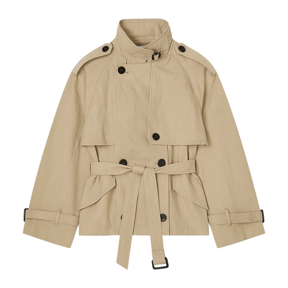 Beige cropped cotton gabardine jacket with belt from Les Odettes, lightweight outerwear styled with front view.