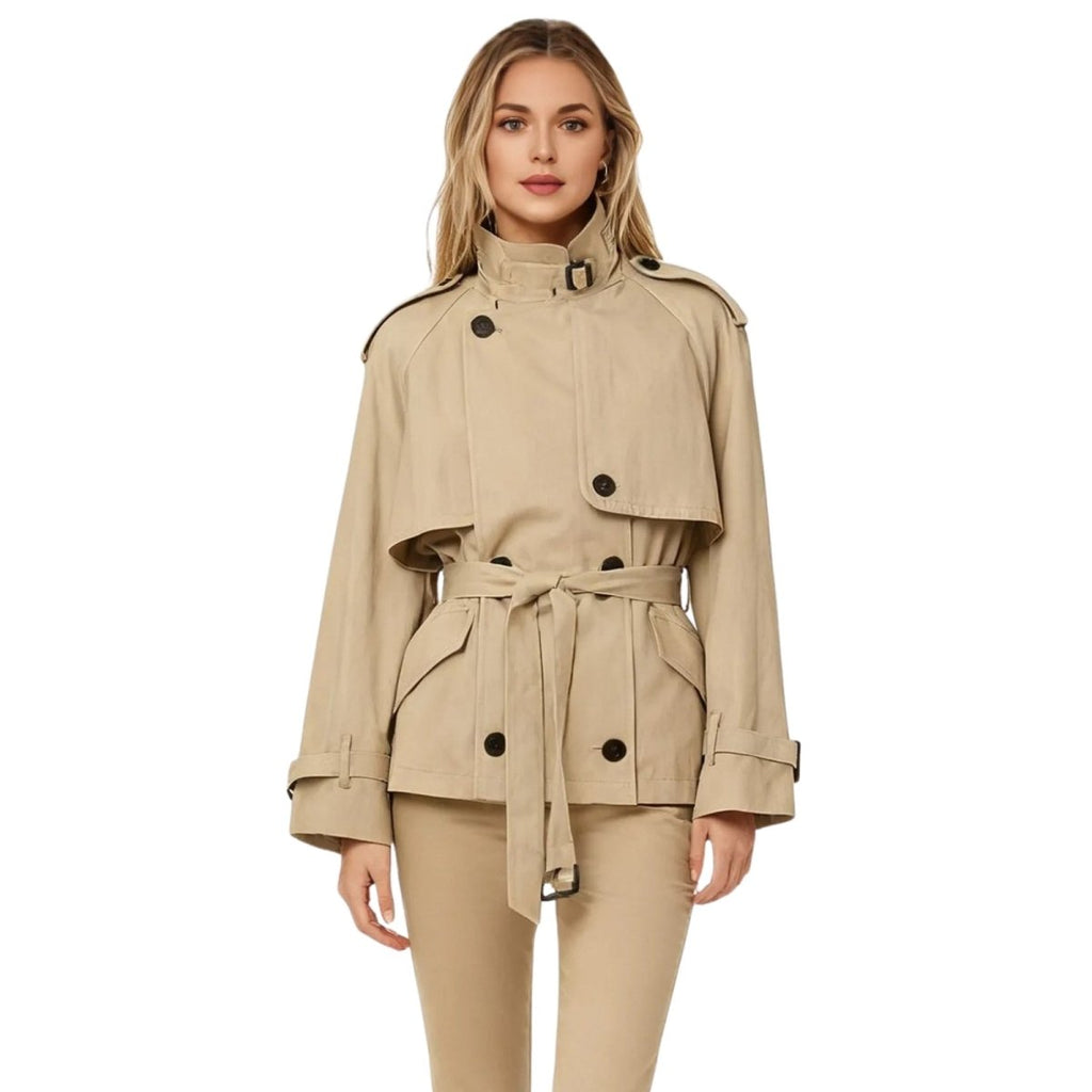 Beige cropped cotton gabardine jacket with belt by Les Odettes, lightweight outerwear style, shown on a model.