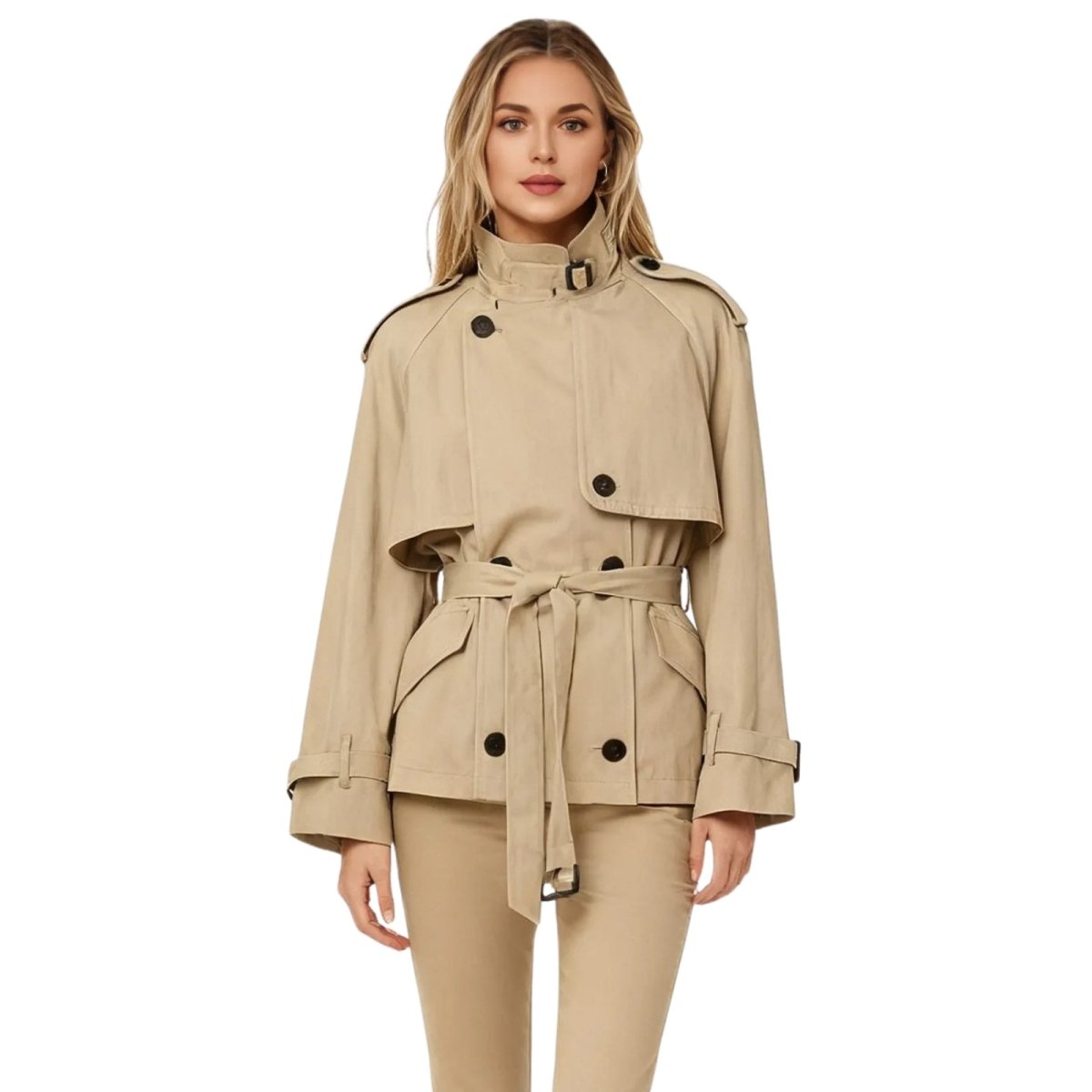 Beige cropped cotton gabardine jacket with belt by Les Odettes, lightweight outerwear style, shown on a model.