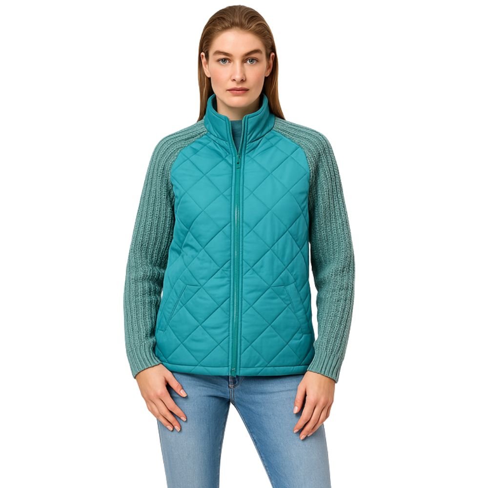 Women’s teal Merino wool hybrid jacket by Les Odettes, front view showing its stylish design and cozy fabric.