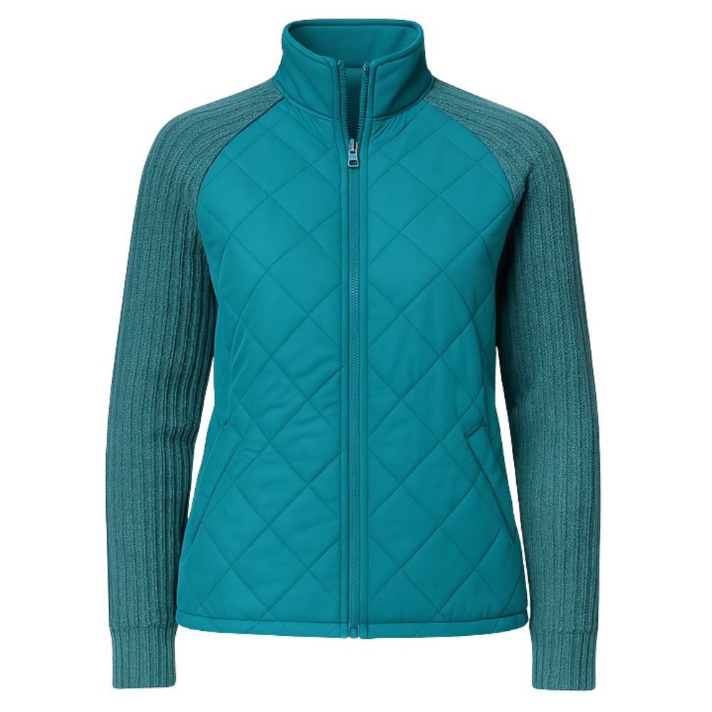 Women’s teal Merino wool hybrid bomber jacket by Les Odettes, front view showing stylish design and cozy fabric.
