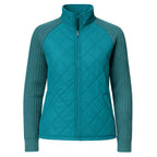 Women’s teal Merino wool hybrid bomber jacket by Les Odettes, front view showing stylish design and cozy fabric.
