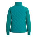 Women’s teal Merino wool hybrid bomber jacket by Les Odettes, front view showing cozy collar and stylish design.